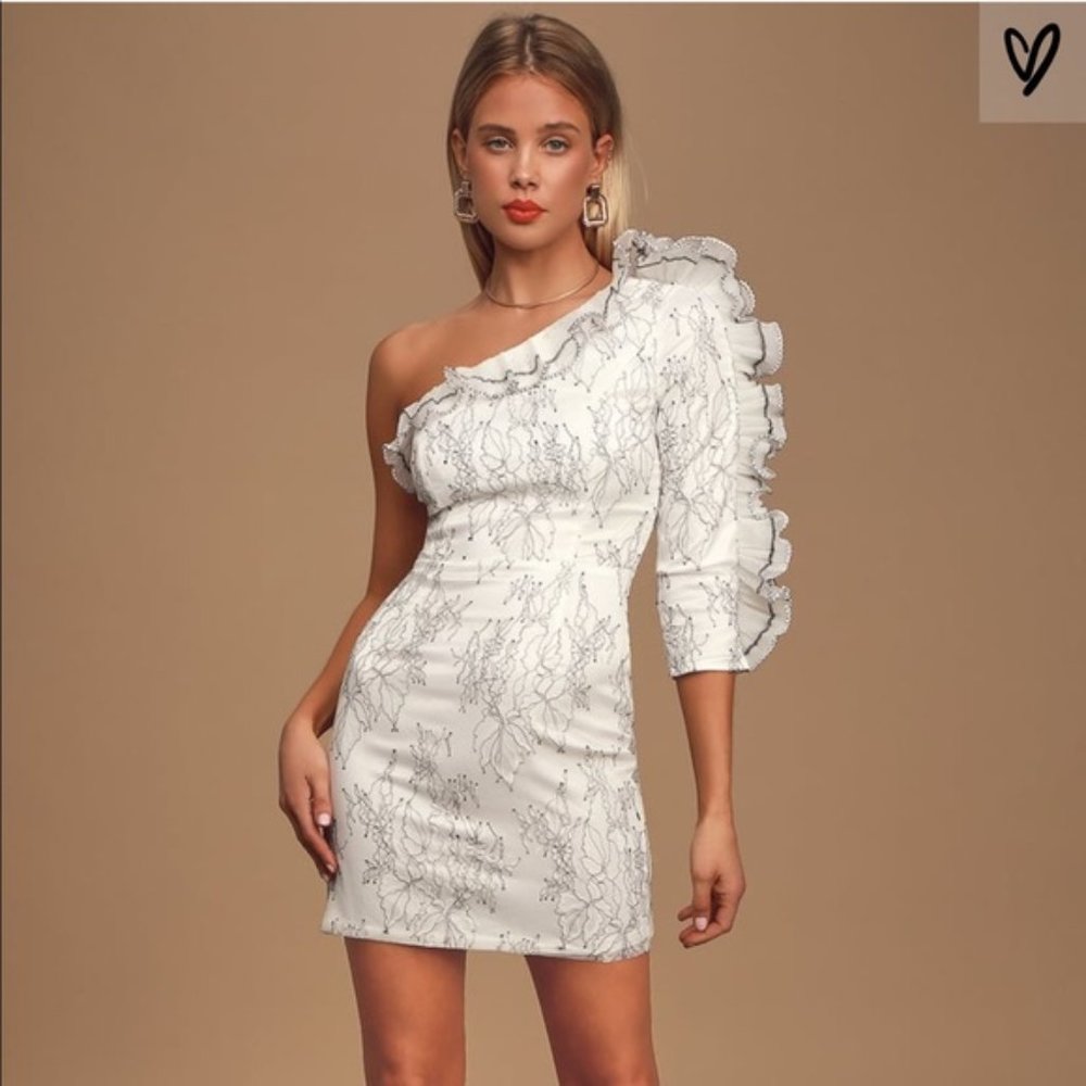 NWT Lulus White Lace One-Shoulder Ruffled Dress